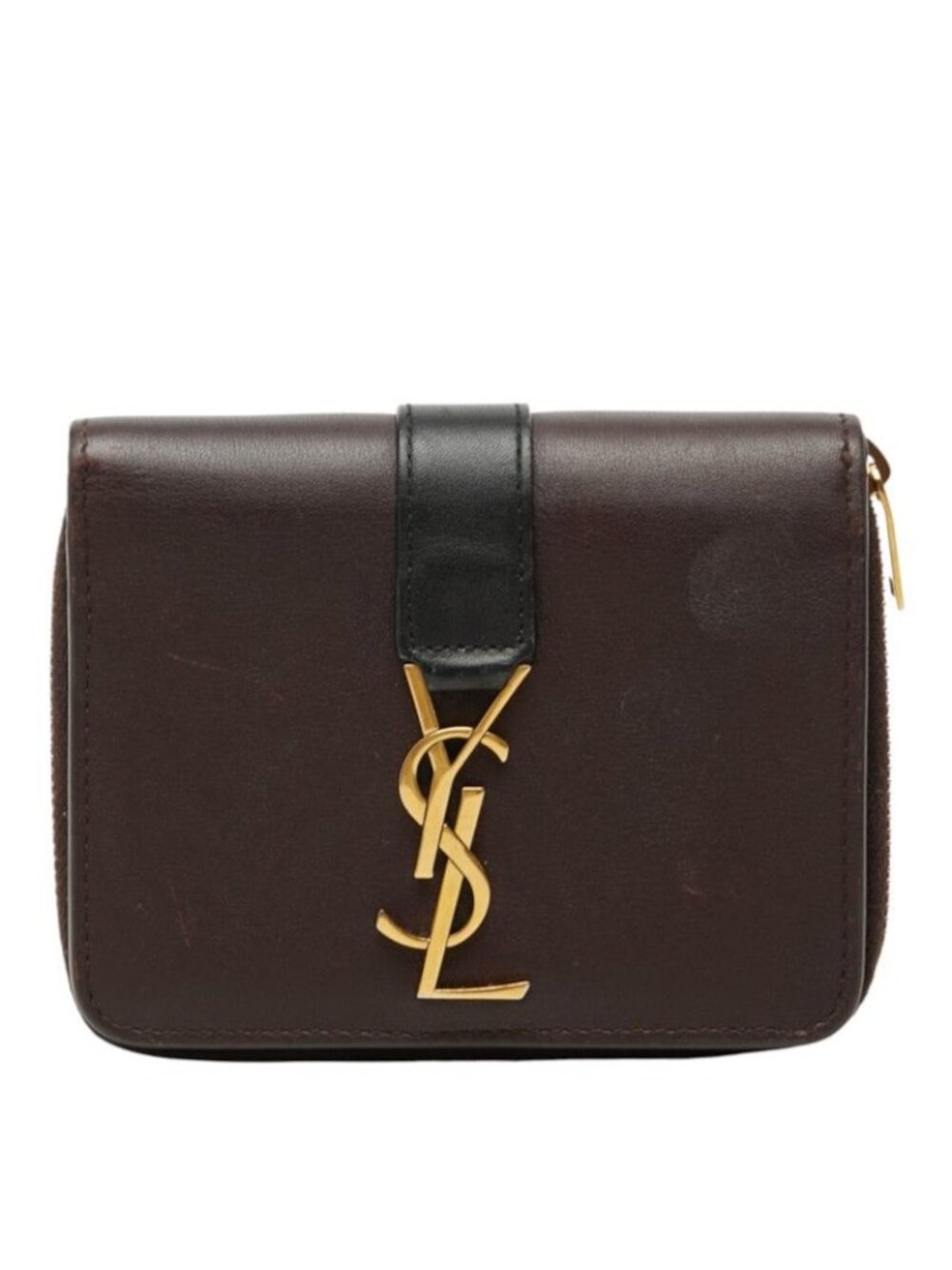 Saint Laurent YSL Logo Cassandra Compact Wallet Bifold Brown Black Leather